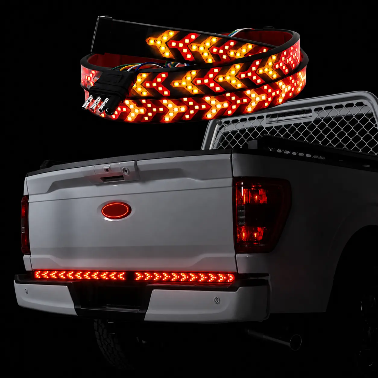 60 Inch Fishbone Arrow LED Tailgate Light Bar Cargo Pickup Trucks with Brake Running Sequential Turn Signals Double Flash Warning IP65 Waterproof Flexible Rear Safety Strip Universal 12V Hardwire Plug And Play Trailer Exterior Accessories Third Lamp Kit,,