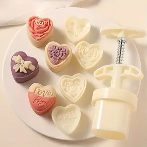 Heart Shape Mooncake Mold Set, Mid-Autumn Festival DIY Hand Press Cookie Stamp Baking Tool, 1 Mold 4 Stamps 50g, Bean Cake Mould, Bakeware