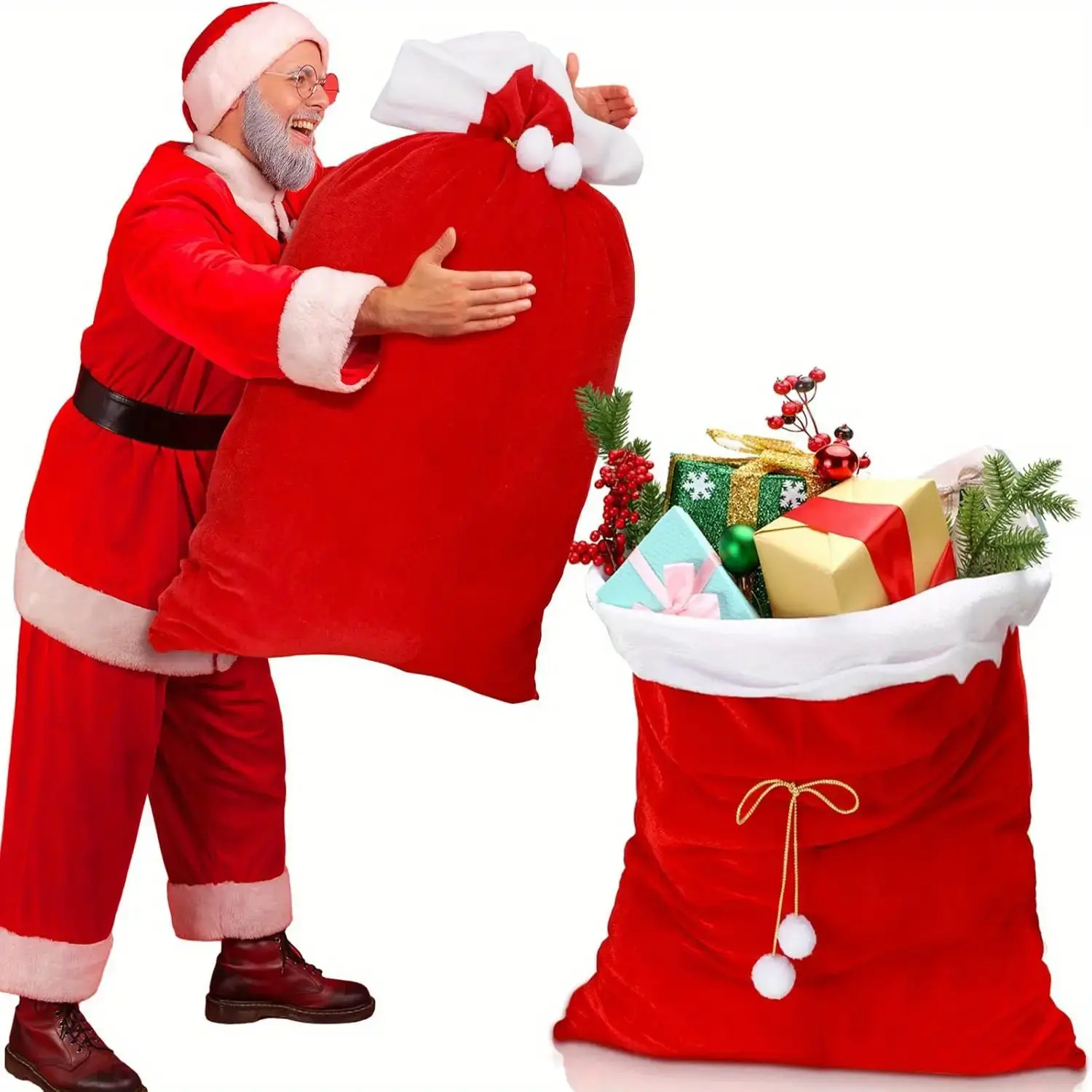 1pc Extra Large Red-White Polyester Christmas Sturdy Drawstring Gift Bag - Solid, Unisex, Heavy-Duty, Elegant Deep Red with White Trim, Golden Ribbon Accents - Functional Christmas Gift Packaging Bag, Drawstring Bag