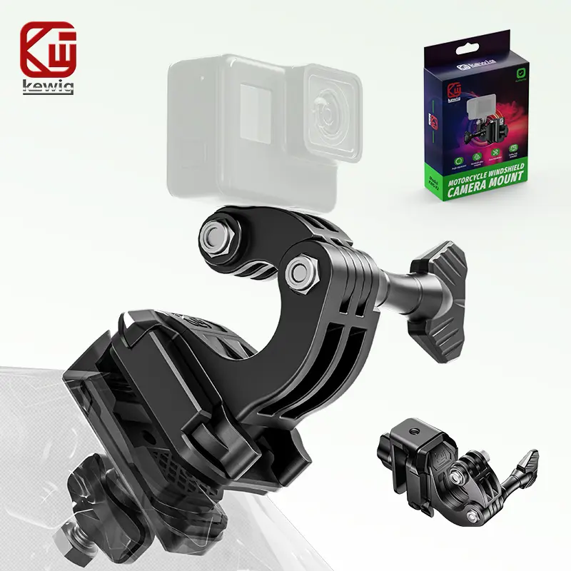 KEWIG Motorcycle Windshield Camera Mount for GoPro & Action Cameras - Aluminum Alloy Clip Base, 180° Angle-Adjustable TPU Adapter, Mini Tripod Mount with Soft Pads Guard, Stable Motovlog Vlogging Gear Accessory