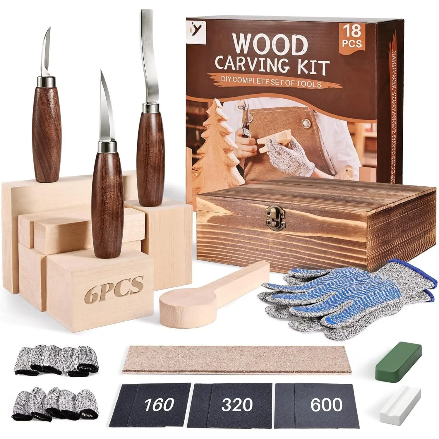 Carving Kit for Beginners,  Carving Tools with 3 count Whittling  7 count Basswood Carving Blocks, Grade 5 Anti  Gloves, Leather Strop, Polishing Compound, Entry-Level Carving  Set