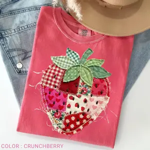 Comfort Colors PRINTED Strawberry T-Shirt, Patchwork Quilted Farmhouse Berry Tee, Rustic Gingham Floral Cottagecore Aesthetic, Vintage Tee