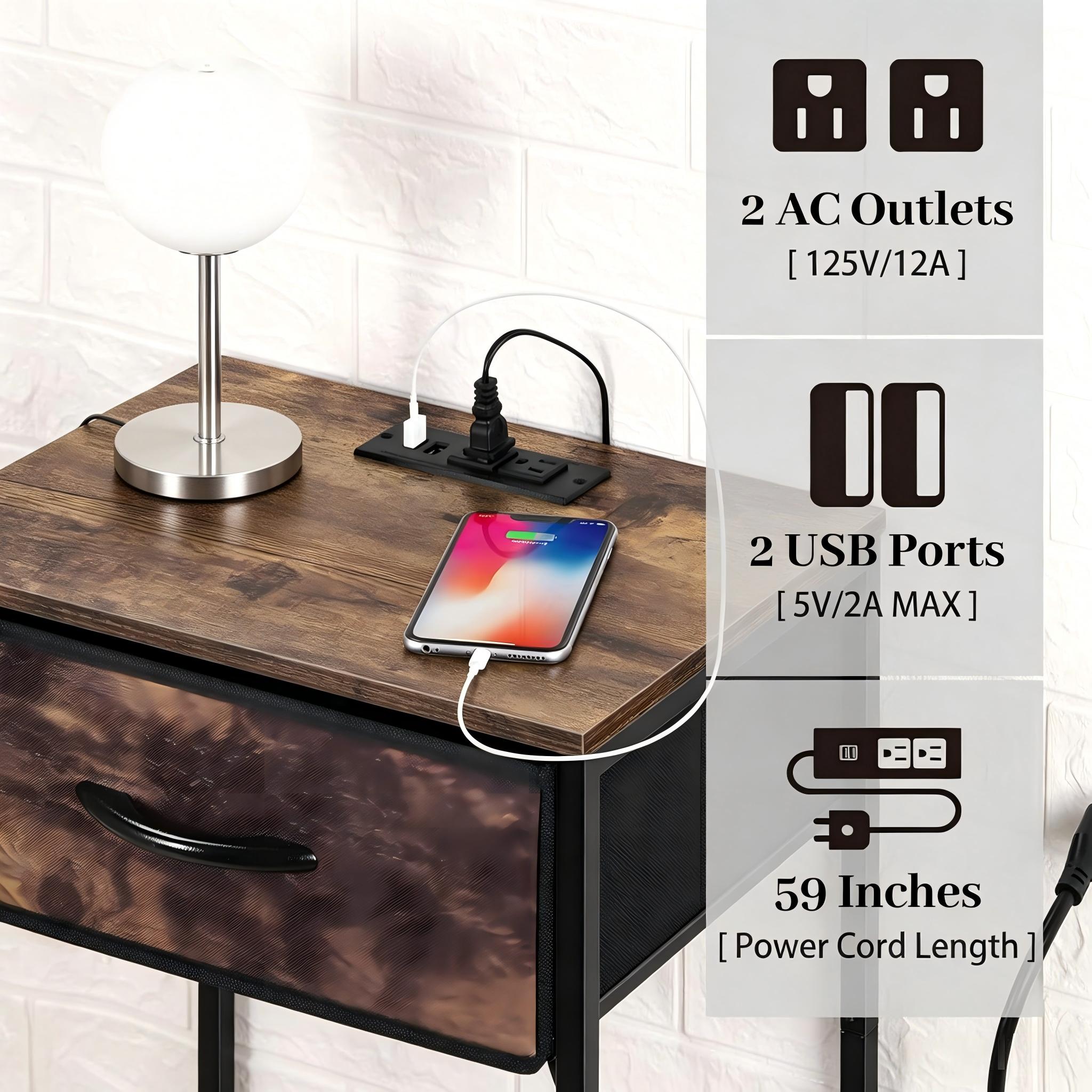2-Piece Farmhouse Industrial Rustic Brown Bedroom End Tables with Charging Station, Fabric Drawers, 3-Tier Storage Table - Stable on Space-Saving Home Organizer for Bedroom, Apartment Decor