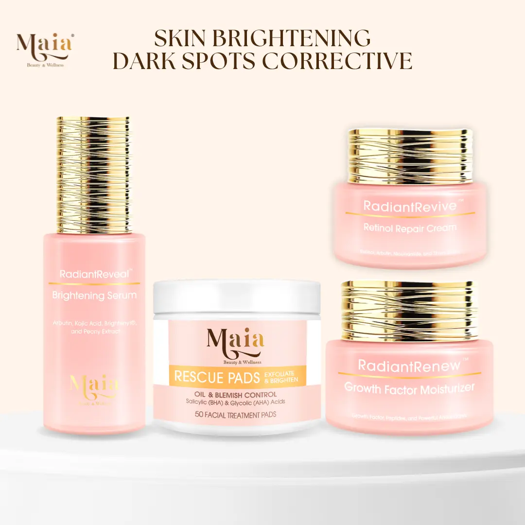 Maia Skin Brightening Set Dark Spot Corrective 4pcs - Brightening Serum, Rescue Pads, Growth Factor Moisturizer, Retinol Cream