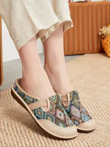 Women's Comfortable Lightweight Half Slipper, Breathable Soft Sole Linen Slippers, Old Beijing Cloth Shoes, Casual Home Wear