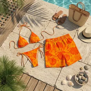 [Matching Set 2026] Matching Couple Swimwear Set – Tropical Orange Hibiscus Floral Bikini & Men’s Swim Trunks, His and Hers Summer Beach Outfit