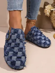 Women's Vintage Checkerboard Sandals, Soft Sole Versatile Commuter Mules, Fashionable Polka Dot Design, Textile Upper, Rubber Sole