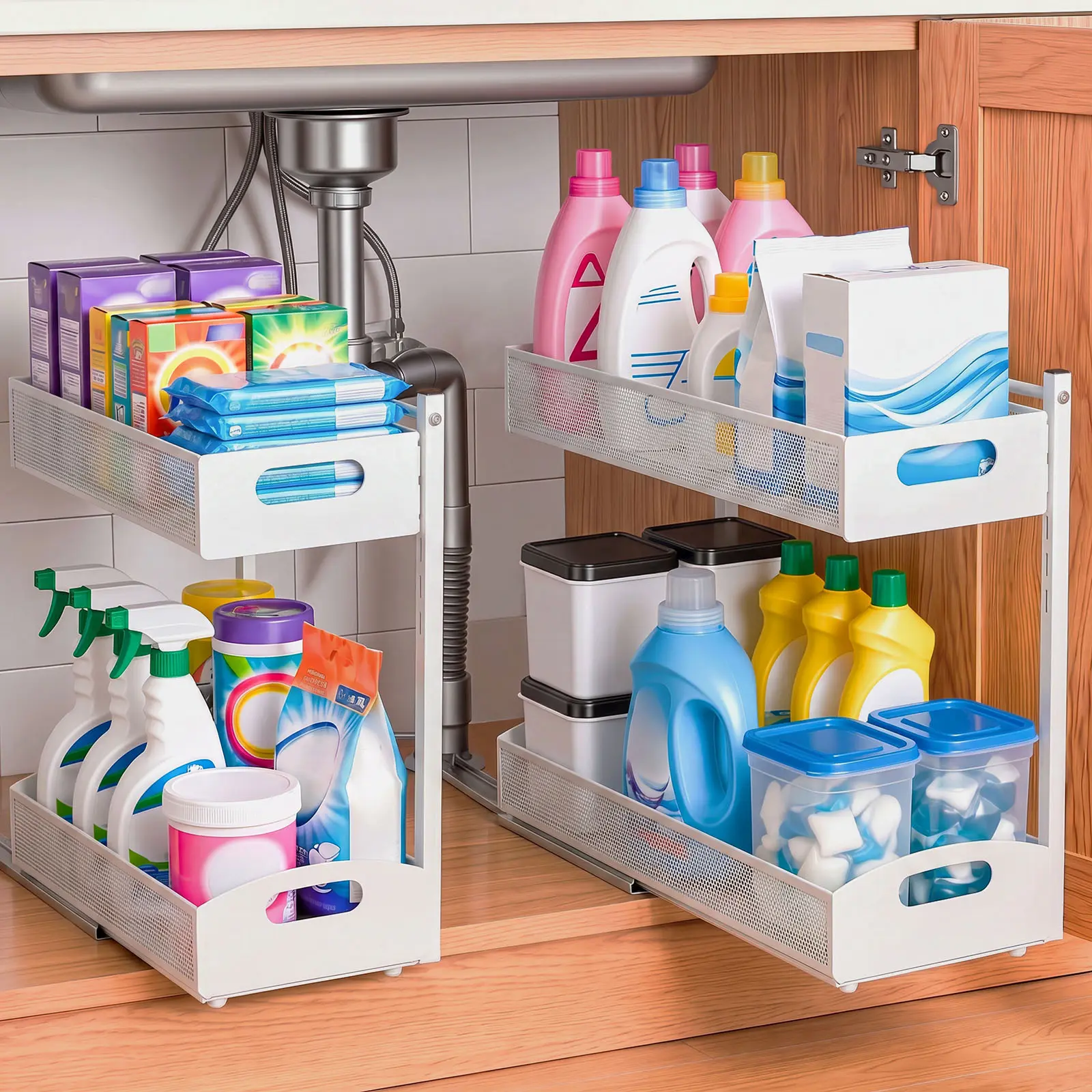 VEVOR 2-Pack 2-Tier Pull Out Under Sink Organizer, Metal Slide Out Shelf with 4-Level Height Adjustment, 2tier quick access, Scratch-Resist Coat, High Load Capacity, 14.90"-22.40" Fit for Cabinet, Home Storage for Bathroom & Kitchen, White