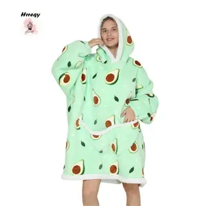Cute Avocado & Cow Print Hoodie Blanket  Oversized Wearable Sweatshirt Pullover, Summer  Air-conditioned Room Comfortable Hoodie  Nightgown with Big Pocket, Back to School  Supplies