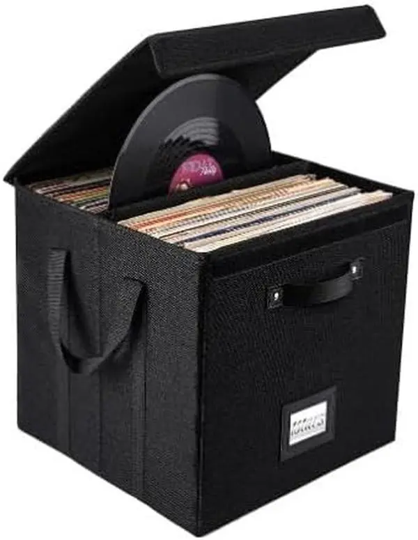 Set of 3 Vinyl Record Storage Boxes, Non-Woven Stackable Record Holder with Lid and Handles, LP Storage Organizer for Valuable Album Collection, Black