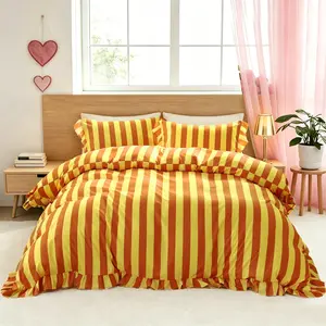 Vintage French Orange Striped Ruffled Duvet Cover Set, 3 Pieces (1 Duvet Cover + 2 Pillowcases),No Insert, Soft & Comfortable Fabric, Elegant Bedding Decor, Perfect Birthday Gift