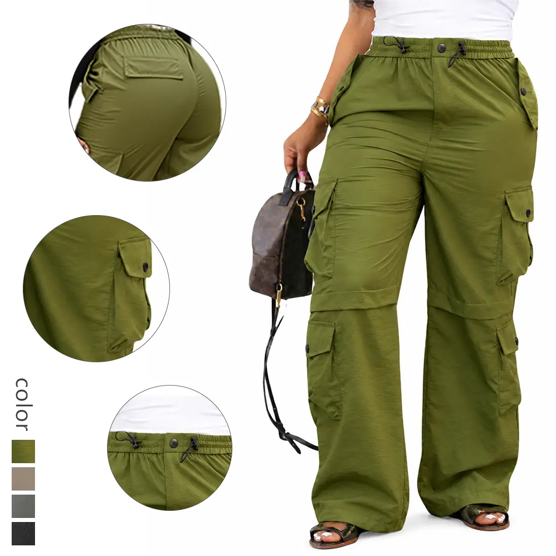 Women’s Wide Leg Cargo Pants Plus Size Baggy Utility Pants with Elastic Waist Pockets