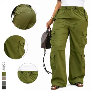 Women’s Wide Leg Cargo Pants Plus Size Baggy Utility Pants with Elastic Waist Pockets
