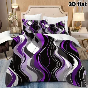 2D Flat 3Pcs Modern Wavy Abstract Pattern Duvet Cover Set, Vibrant Purple Black Gray White Waves Bedding, Soft Microfiber Comforter (1 Cover+2 Pillowcases, Unfilled) for Bedroom & Dorm Room Decor