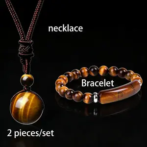 2Pcs Natural Tiger Eye Stone Necklace Bracelet Set For Men Women, Handmade Adjustable Braided Rope Pendant Necklace & Beaded Bar Bracelet, Healing Crystal Gemstone  For Daily Wear, Valentine's Day Birthday Gif