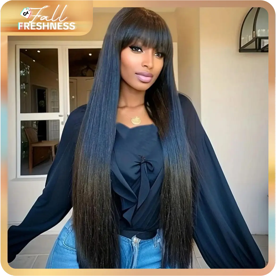 Tahikie 2x4 Straight Front Lace Human Hair Wigs With Bangs 180% Density Frontal Wigs With Drawstring One-Step Closure Wear and Go Glueless Wigs 100% B