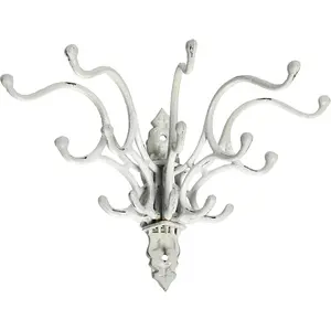 Antique Decorative Cast Iron Multi Hook Wall Hanger with 15 Hooks, Distressed White