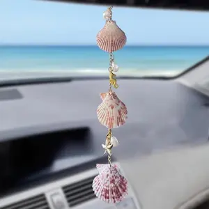 Sea Shells  Decor,Cute Coastal Hanging  Charm for Rear View Mirror, Boho Beach Themed Pendant,Hand-Made Starfish Conchas Ornament Accessories for Women