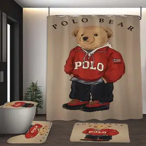 Vintage Teddy Bear Print Shower Curtain Set, Modern Bathroom Decor, No-Drill Bath Divider, Includes 12 Hooks, Perfect Gift