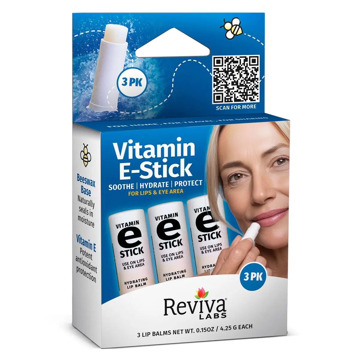 Reviva Labs Vitamin E Stick (3-Pack) – Hydrating Balm for Chapped Lips & Under-Eye with Shea & Beeswax