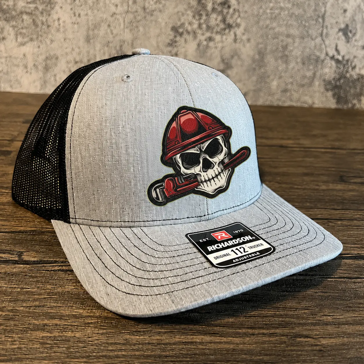 Richardson 112 Plumber Skull Trucker Hat - Custom Leather Patch Snapback Cap - Men's Tradesman Work Hat Pipe Wrench Design - Gray and Black Mesh Back Adjustable Hat - Gift for Plumbers and Pipefi