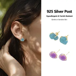 Amethyst Aquamarine Stud Earrings for Women Handcrafted Elegant Gemstone Jewelry with Gold Accents