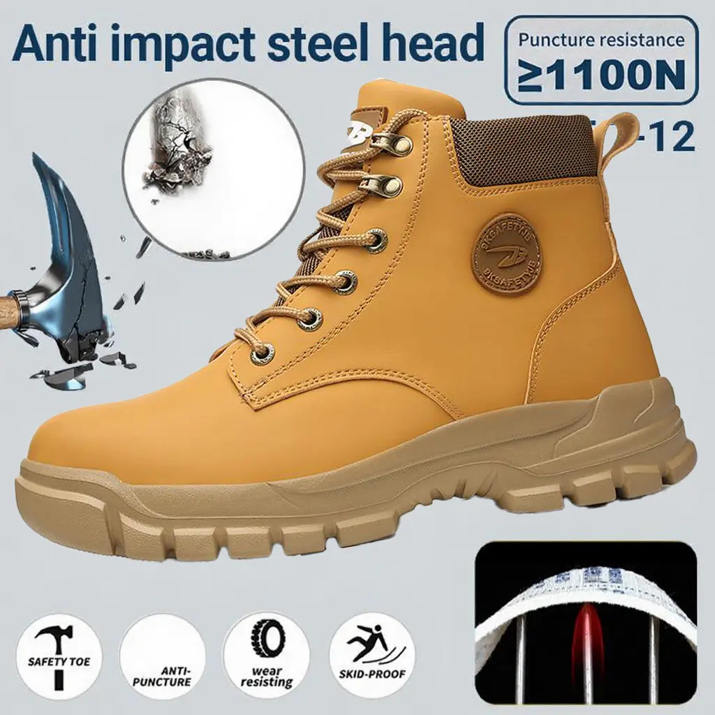 Durable & Safe Men's Yellow Solid Color Classic High Top Plain Toe Safety Boots Comfy Non-Slip Lace Up Work Shoes Anti-Smashing Anti-Stab