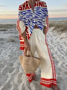 Women's Casual Loose-Fit Blouse, Beach, Ocean Life Fish Print Design, Woven Fabric, Regular Fit, All-Season Wear, Autumn Collection, Bottom