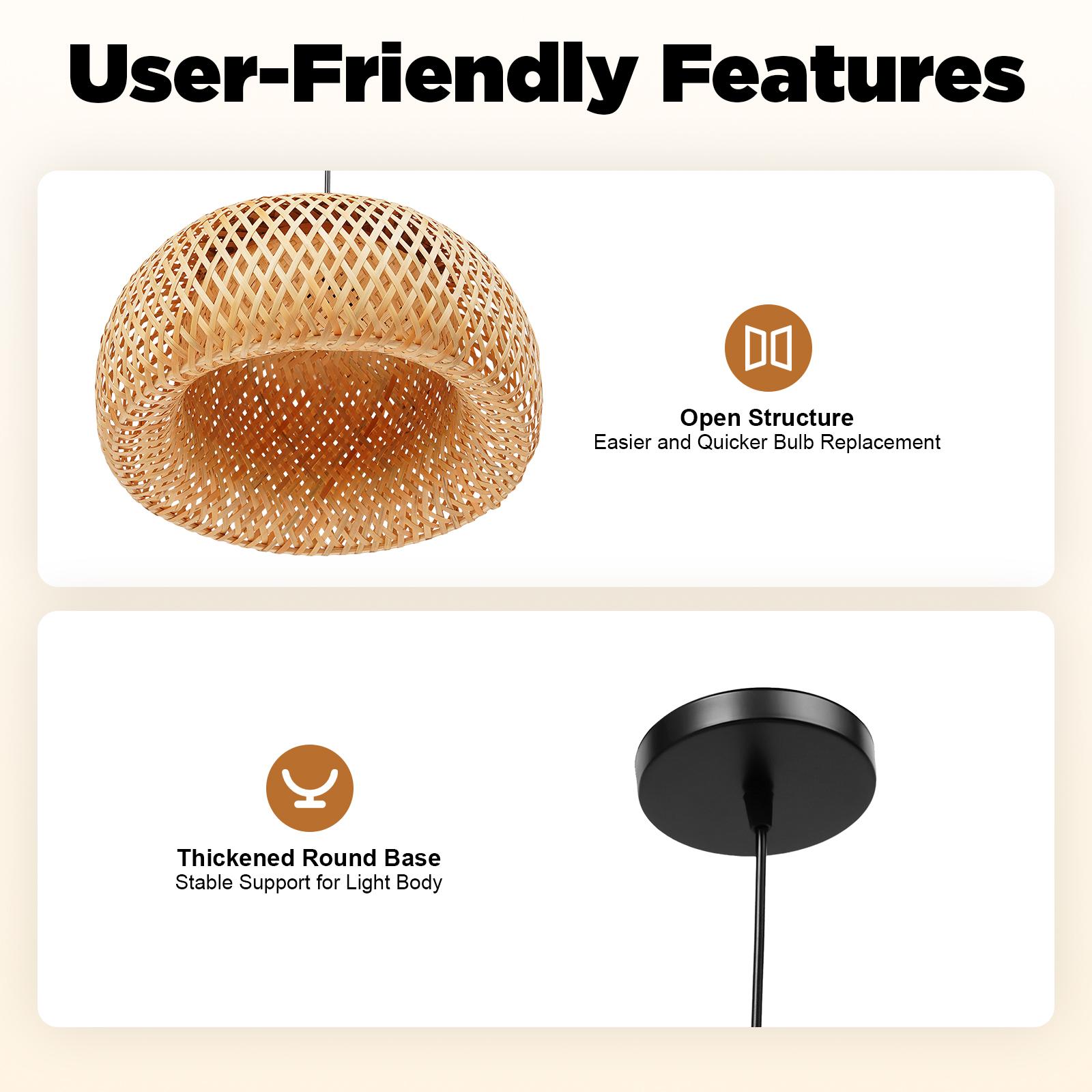 Natural Bamboo Handwoven Pendant Light Adjustable Height for Sloped Ceilings 110V E26 Bulb Not Included Rustic Farmhouse Chandelier 38cm Diameter 20cm Height