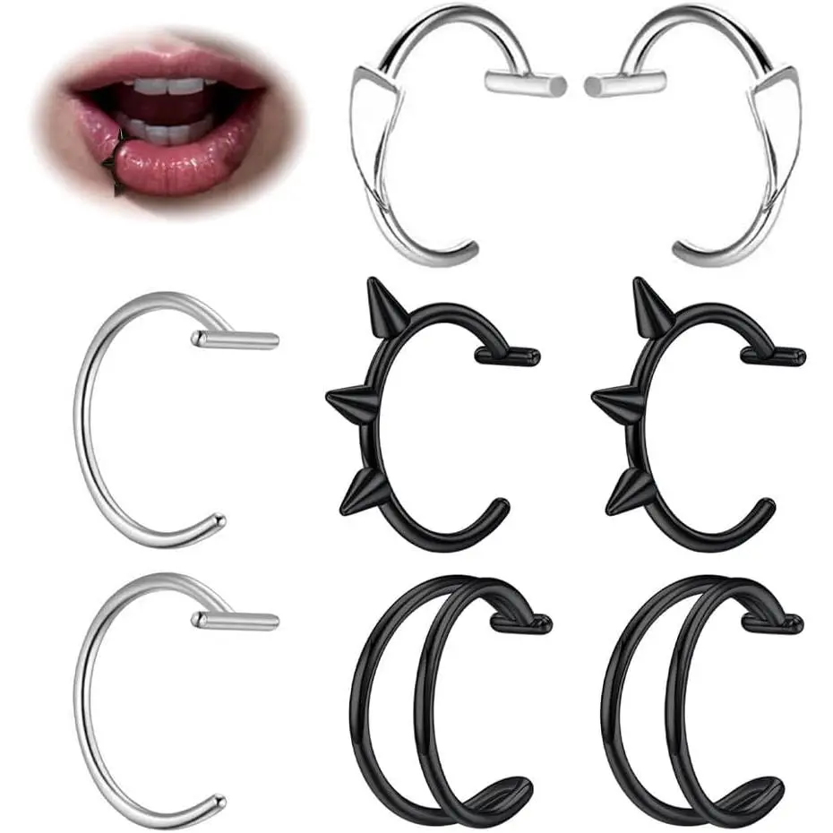 Lip Cuffs & Fake Snakebite Piercing Jewelry for Women, 4-Set Stainless Steel Adjustable Non-Piercing Hoops, Vampire Fangs Rings 18G 3/8", Female, 18G (1.0Mm), 4 Sets/2, Multiple Sets, Halloween, Unisex, 3/8"(10Mm), Clip-On Hoop, Anti-Rust, Casual