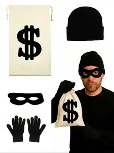4pc Bandit Headset Eye Mask Gloves Backpack Set, Halloween Fun Costume Props, Stage Role Play, Theme Party, Transformation Crime