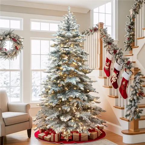 【Layered Tree】Yaheetech Multi-Size Pre-Lit Artificial Christmas Tree with Warm Lights, Auto-Drop Branches, Foldable Stand, Layered Design, Indoor Holiday Decorative Fir Tree with Ornaments