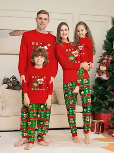 Family Christmas Pajama Set, Top with Elves & Reindeer Print, Pants, Soft Fabric, Cozy Holiday Sleepwear for Family Fun!