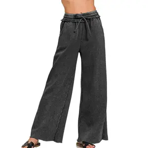 Talakeno Women Acid Wash Palazzo Sweatpants Casual High Waist Drawstring Wide Leg Pants Baggy Fleece Trousers with Pockets