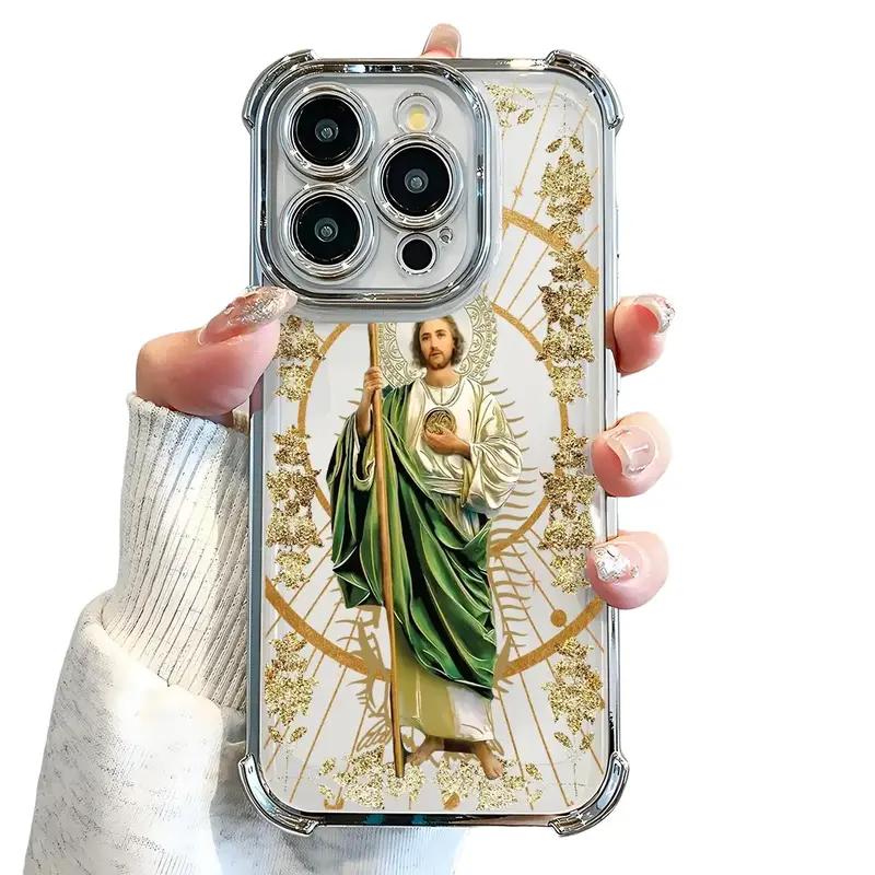 St. Jude Pattern Phone Case, Electroplated Cover with Airbag Shockproof Slim Soft TPU Cover for iPhone 11 12 13 14 15 17 Pro Max 17 Air  Pro Max Plus Cellphone Shell