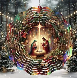 Nativity Christmas Ornament Christian Jesus with Colorful Wreath and Nativity Scene for Festive Decor featuring Vibrant Rainbow Design and Detailed Scene