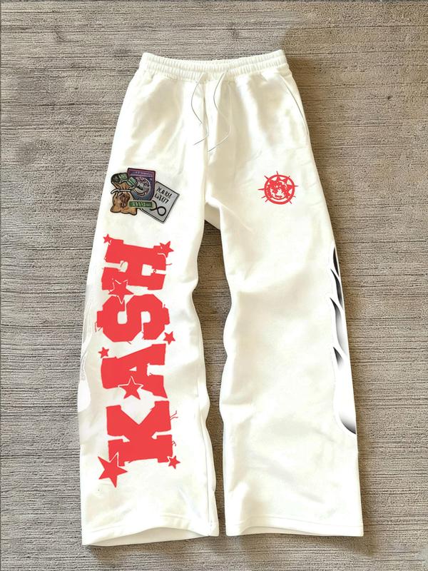 Trendy Black Fleece - lined Sweatpants with "KASH" Lettering, Star and Flame Graphics, Ideal for Street - style and Hip - hop Wear, Trending on TikTok #Sweatpants #StreetFashion #TikTokTrend, Sports Casual Pants