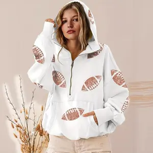Women's Game Day Jersey Football Sequin Hoodie Tailgate Apparel Long Sleeve Zipper Sweater with Pockets Womenswear Sweatshirts
