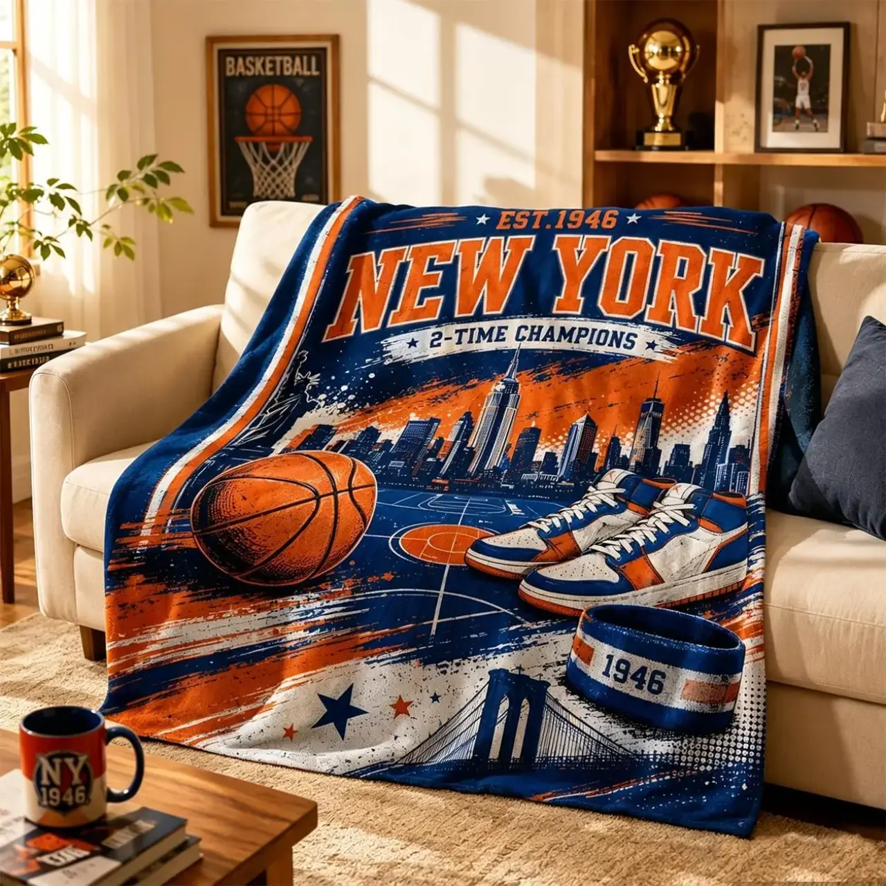 New York Basketball Fan Throw Blanket, NYC Skyline Sports Fleece Blanket for Couch Sofa Bed, Vintage Basketball Decor Blanket for Game Room, Gifts for Boyfriend, Fathers Day Gifts, Mens Gifts