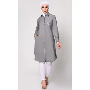 Classic Grey Shirt Tunic with Pocket Embroidery