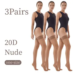 20D Silicone Lace Thigh High Stockings, Natural Skin Tone, One Size, 3 Pairs Pack Womenswear