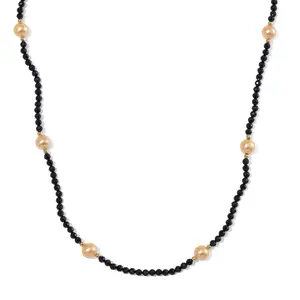 Golden Shell Pearl and Black Spinel 77.00 ctw Beaded Endless Necklace in Goldtone 30 Inches Christmas Gifts