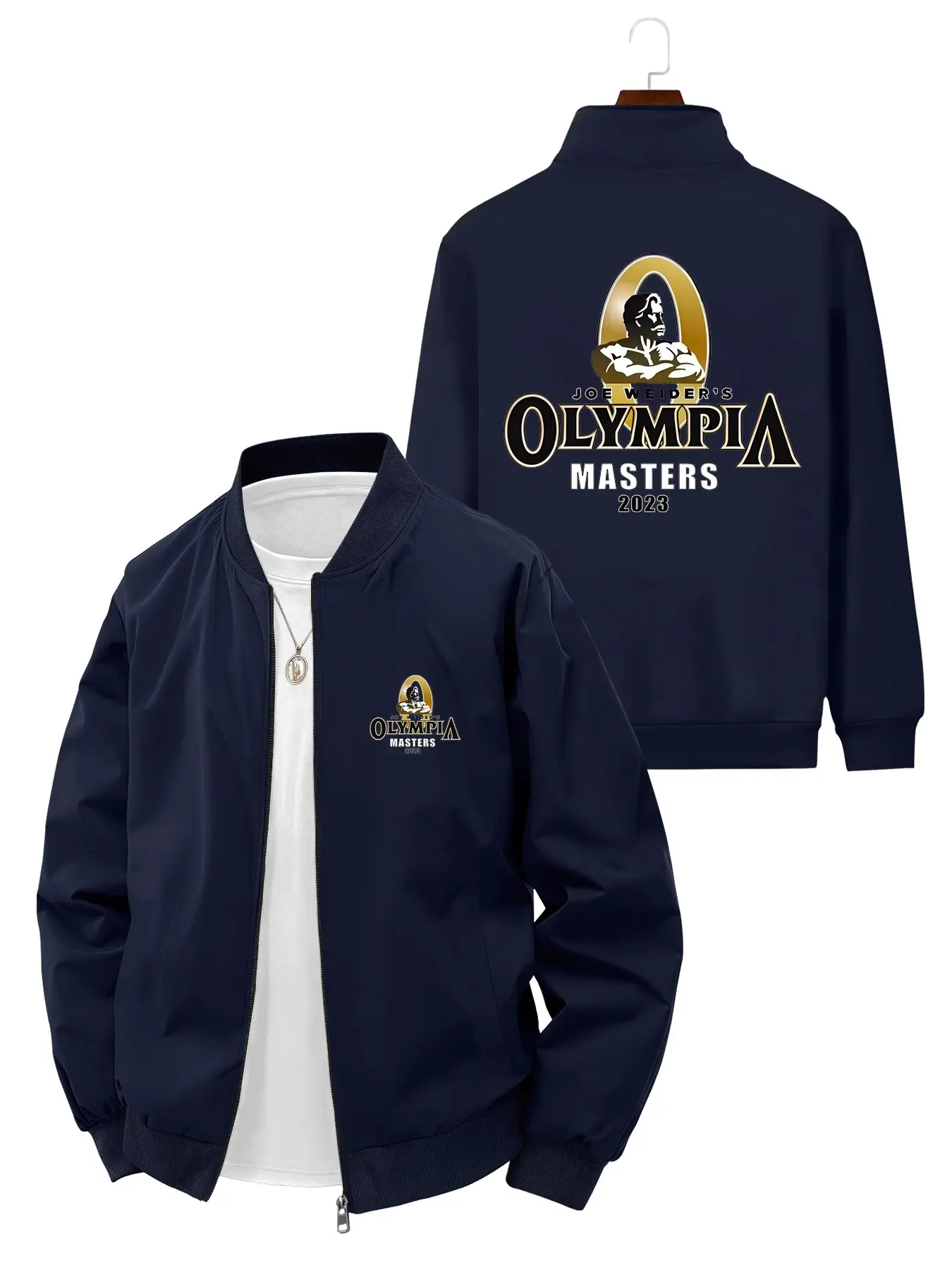Casual Sports Style Long Sleeve Outerwear Jacket with Olympia Masters 2023 Print for Fitness Enthusiasts Daily Training and Workout Wear