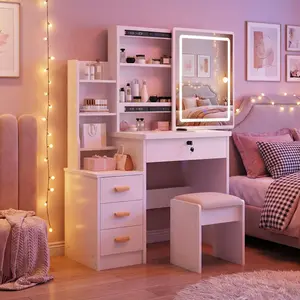 Vanity Table Set with LED Illuminated Mirror Soft Stool, 3 Selectable Light Colors 4 Large Drawers 5 Storage Shelves, Vanity Desk with Storage Stool for Bedroom, White