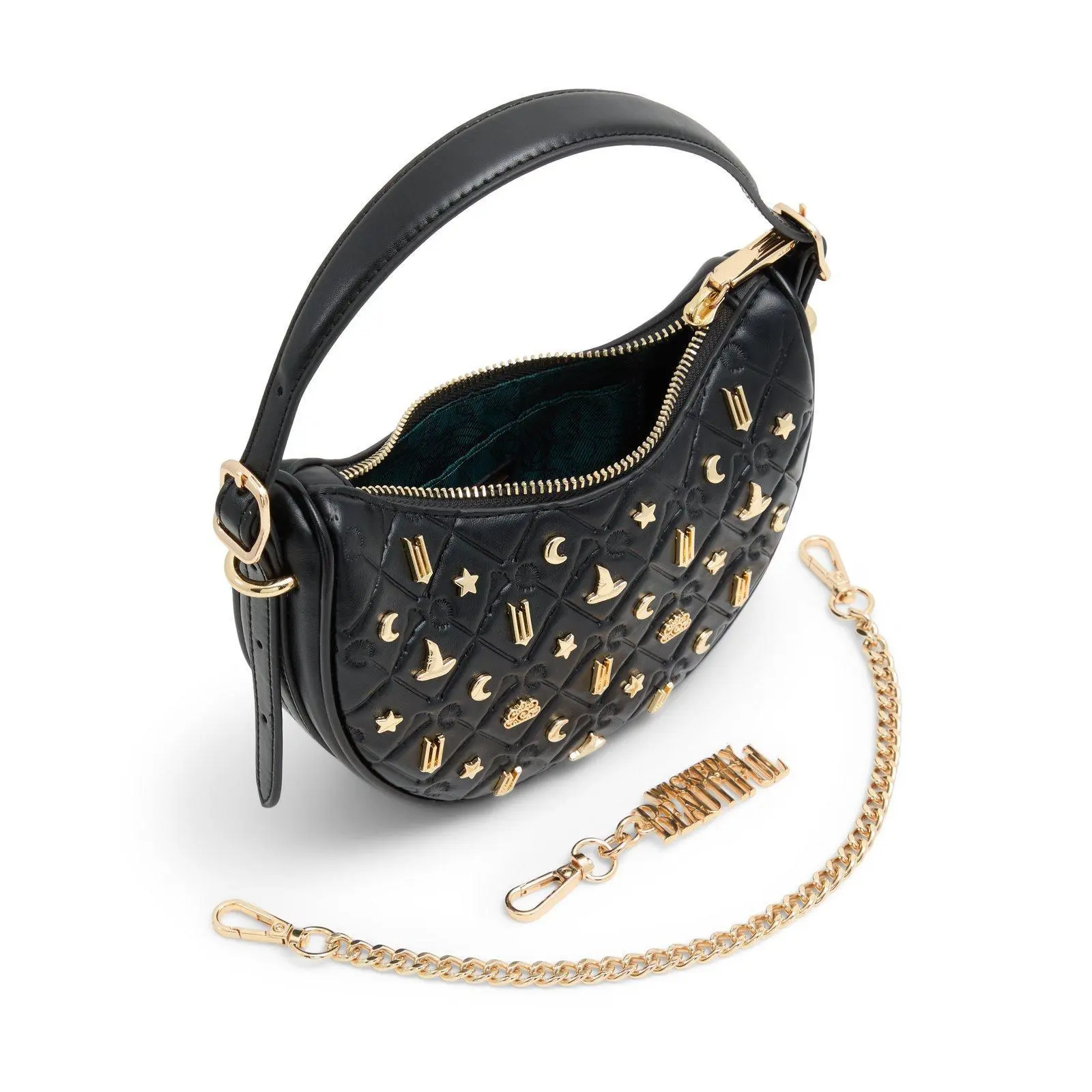 Wicked x ALDO Goodnews Black Crescent Handbag with Gold Appliques