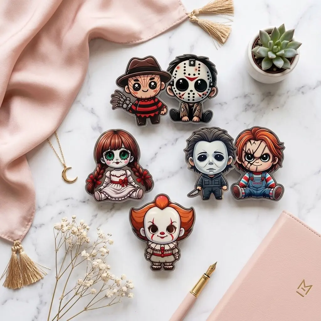 Pack Kawaii Horror Movie Characters Phone Grip, Creepy Cute Slasher Killers Cell Phone Stand Holder, Spooky Halloween Finger Ring Grip Set, Gift