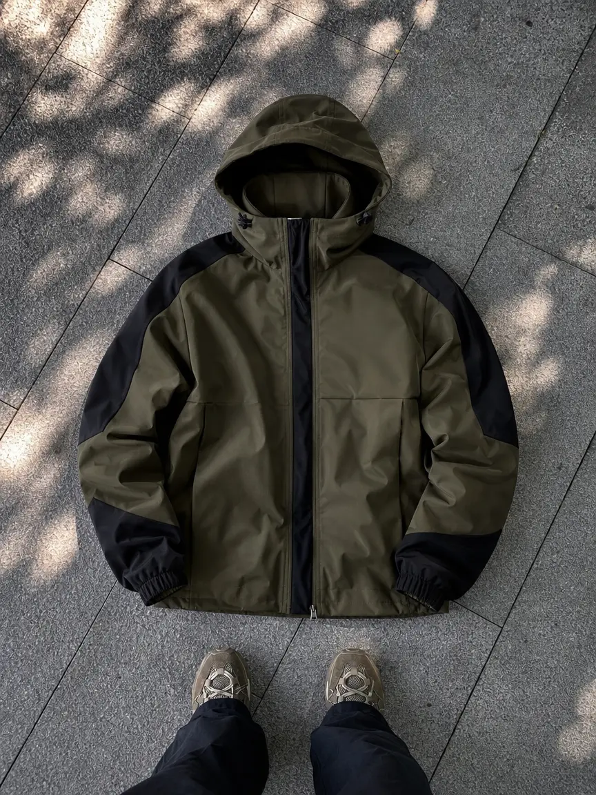 Veiskorsr Men’s Outdoor Hooded Hardshell Jacket – Army Green & Black Colorblock Design, Raglan Inserts, Windproof & Waterproof, Mountaineering Functionality