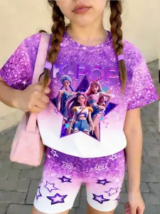 Girls' Casual Fashion Comfortable K-Pop Theme Girl Group Print Dreamy Blue Gradient Starry Sky Two-Piece Set
