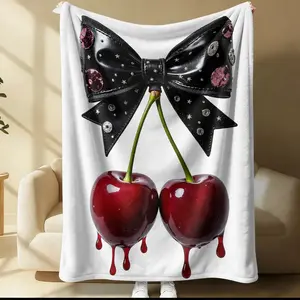 Gothic Cherry Bow Fleece Throw Blanket, Soft Flannel Dark Aesthetic, Y2K Punk Style, Cozy Warm Blanket for Couch Bed