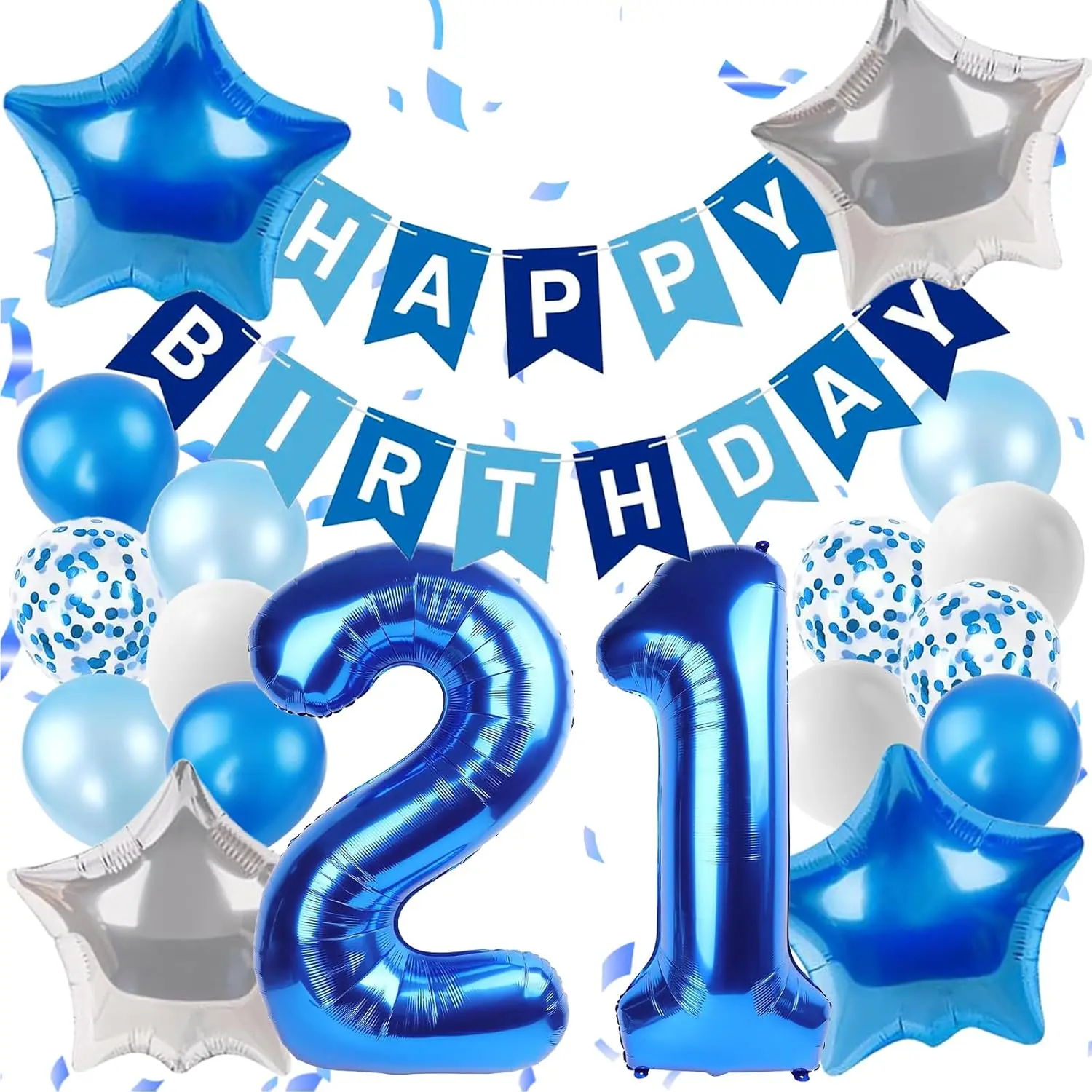 21st Birthday Decorations Blue Banner & 40-Inch Number 21 Balloon for Him or Her